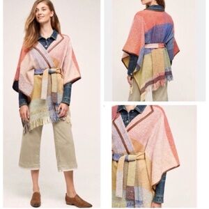 Anthropologie Nomad Morgan Carper Colorpane Poncho Cape Boho Western Belted S/XS